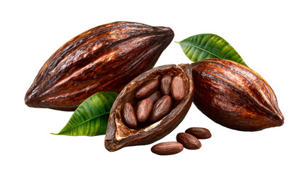 Whole and split cocoa pods with beans and leaves, showcasing the origins of chocolate for food production and culinary ingredients.