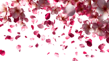 Falling pink cherry blossom petals drift gently in the wind, perfect for spring celebrations, romantic themes, and decorative graphics evoking natures delicate beauty.