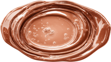 Viscous molten chocolate swirled into a glossy oval shape with small bubbles, perfect for food or cosmetic advertising and applications.