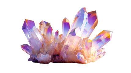 Iridescent crystal cluster with vibrant purple, pink, and orange hues, showcasing geometric facets and luminous qualities, perfect for abstract backgrounds and spiritual themes.