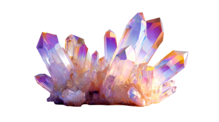 Iridescent crystal cluster with vibrant purple, pink, and orange hues, showcasing geometric facets and luminous qualities, perfect for abstract backgrounds and spiritual themes.