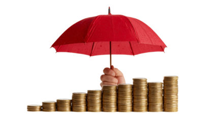 Hand holding red umbrella over rising stacks of gold coins symbolizing financial security and investment growth, perfect for economic concepts.