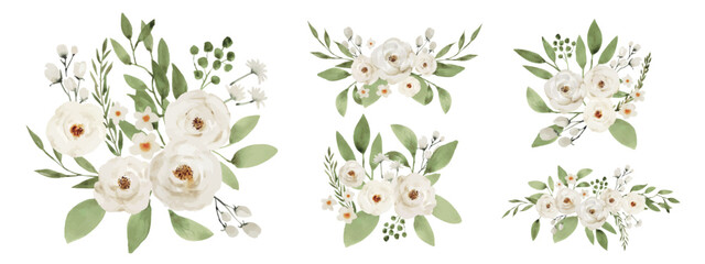 White and Green Watercolor Floral Bouquet Set, Elegant Botanical Collection