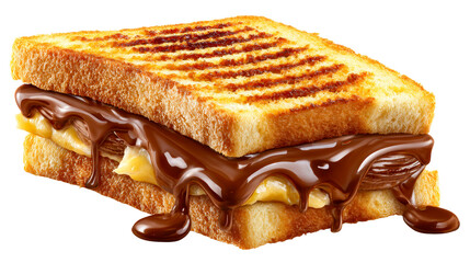 Delicious grilled toast sandwich generously filled with creamy spread and rich chocolate sauce dripping enticingly, perfect for indulgent snack or breakfast promotions.