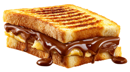 Delicious grilled toast sandwich generously filled with creamy spread and rich chocolate sauce dripping enticingly, perfect for indulgent snack or breakfast promotions.
