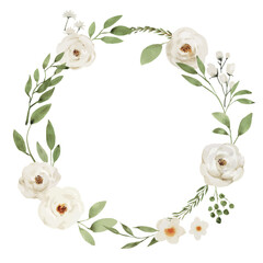 Circular Botanical Wreath with White Flowers and Green Leaves