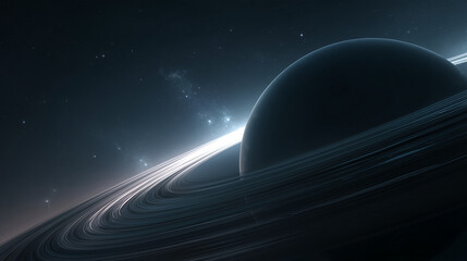 Ringed Planet Silhouette in Space with Backlit Stars and Copy Space