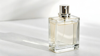 A luxury transparent glass perfume bottle silver sprayer isolated on a white background for beauty and fashion cosmetics