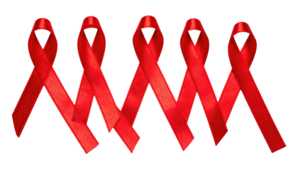Five red ribbons, a symbol of awareness, arranged on a black background. The ribbons are slightly angled