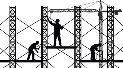 Construction workers silhouettes on scaffolding structure, building framework installation with crane, industrial teamwork scene isolated on white background vector illustration