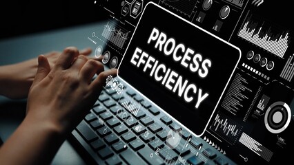 Hands on Keyboard with Process Efficiency Concept in Digital Workspace Featuring Data Charts and Graphs for Business Strategy. Asymptotic smart data analytic.