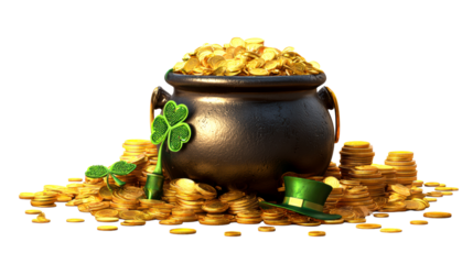 Abundant pot of gold coins overflow with shamrock and leprechaun hat symbols, perfect for St. Patricks Day celebrations and financial prosperity themes.