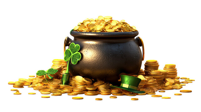 Abundant pot of gold coins overflow with shamrock and leprechaun hat symbols, perfect for St. Patricks Day celebrations and financial prosperity themes.