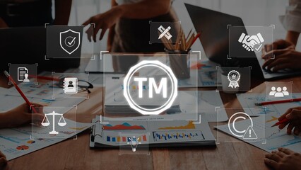 A business meeting scene featuring a collaborative team discussing strategies with graphs and icons, emphasizing key concepts like innovation, planning, and teamwork. Raster