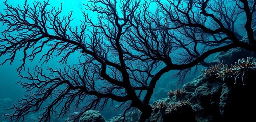 Intricate black coral branches, deep ocean setting,   underwater photography,   dark background