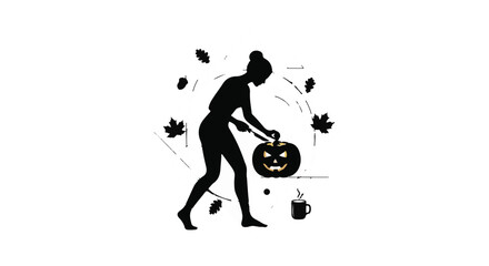Silhouette of a person carving a glowing jack-o'-lantern with autumn leaves and a warm drink nearby