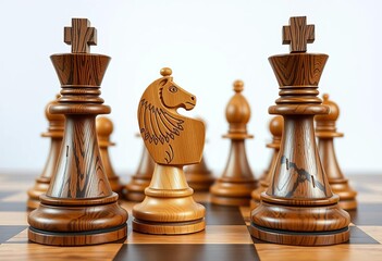 Fototapeta premium Hand-carved wooden chess pieces, intricate detail, rich grain, wooden, natural
