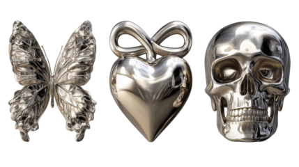 Polished metallic butterfly, heart with infinity symbol, and skull displayed as a conceptual collection for symbolic representation and jewelry design applications.