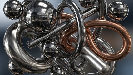 A complex abstract sculpture made of shiny metallic spheres, loops, and rods, with silver and copper elements intertwined.