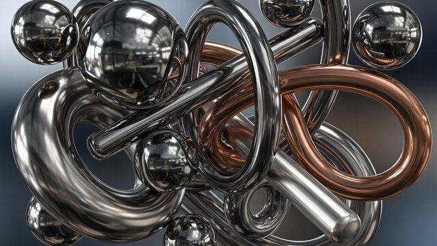 A complex abstract sculpture made of shiny metallic spheres, loops, and rods, with silver and copper elements intertwined.