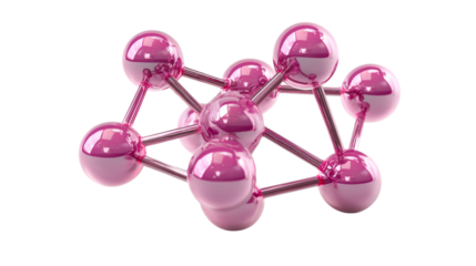 Abstract molecular structure with metallic pink spheres and rods, representing science, technology, and connection, ideal for educational or medical presentations and futuristic themes.