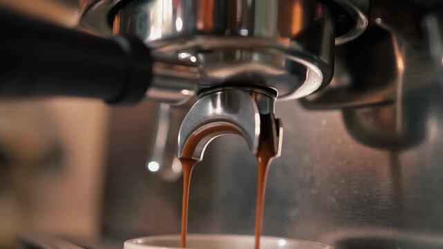 low angle shot of coffee machine extraction in ultra close detail with metallic reflections