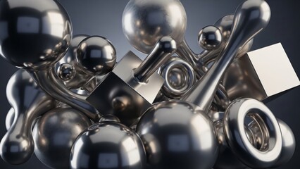 A dynamic abstract composition of various polished metallic shapes and spheres.