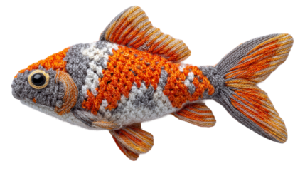 Handmade crocheted goldfish toy with vibrant orange and grey yarn, perfect for childrens play or home decor accents.