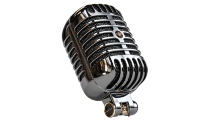 Shiny metallic vintage microphone with classic grill and golden accents, perfect for music production, broadcasting, or audio recording applications