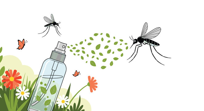 An illustration of a natural insect repellent spray bottle in a garden, effectively warding off mosquitoes with a mist of leaves.