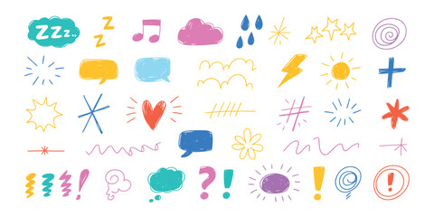 Expression icons with comic emotion elements featuring hand drawn expressive symbols like stars, hearts, sparks, speech bubbles, and exclamation doodles for communication accent vector.
