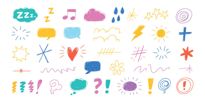 Expression icons with comic emotion elements featuring hand drawn expressive symbols like stars, hearts, sparks, speech bubbles, and exclamation doodles for communication accent vector.