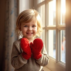 겨울_빨간 털장갑을 끼고 웃는 아이