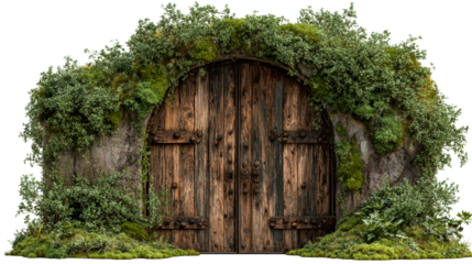Ancient wooden double doors set into a mossy stone archway overgrown with lush green foliage, perfect for fantasy themes and rustic adventures.
