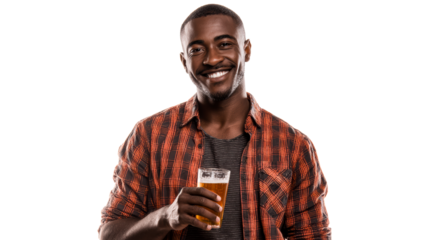 Joyful Black man holding a beer in a plaid shirt smiles at the camera for a refreshing beverage advertisement or lifestyle feature.
