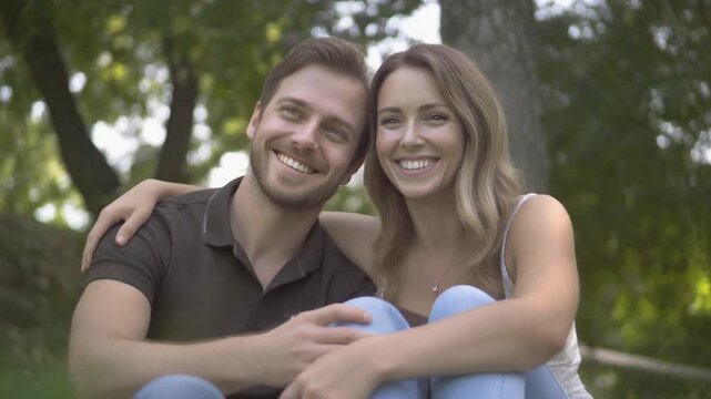 Happy couple in casual clothing embracing outdoors in park setting perfect for lifestyle and relationship themes