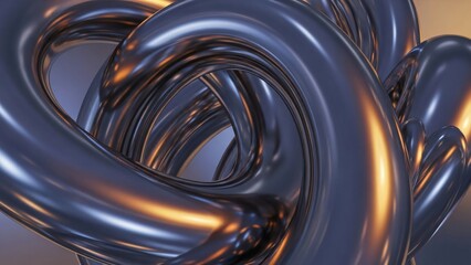 Abstract metallic intertwining tubes with reflective surfaces and warm light reflections.