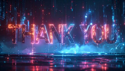 Bright neon thank you text with glowing particles and digital effects

