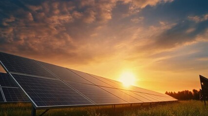 Solar panels in a field at sunset, capturing renewable energy for a sustainable future, ideal for environmental campaigns and green technology promotion