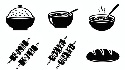 Vector illustration set of different food icons featuring kitchen dish symbols like hot soup bowls, coffee cups, and restaurant BBQ grill silhouettes for cooking and dinner design