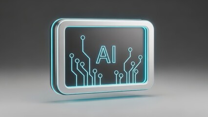Computer screen with a blue and silver design that says AI