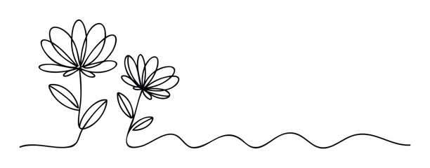 Simple line drawing of two delicate flowers with leaves and wavy stems, perfect for botanical themes, floral designs, and naturalistic decoration.