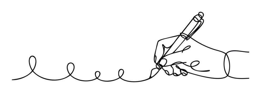Continuous line drawing of a hand holding a pen, writing a flowing script with curves and loops, perfect for use in writing, creativity, or communication projects.