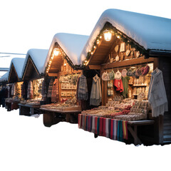 Cozy winter Christmas market stalls with snow covered roofs at day