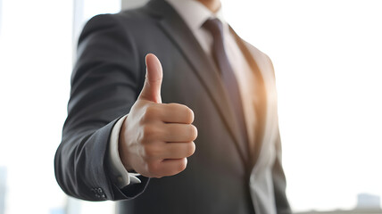 Confident businessman gives thumbs up gesture for success and approval in professional setting