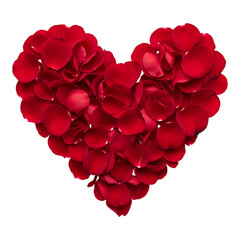 Romantic heart shape created with red rose petals isolated on white background for wedding and valentine decoration