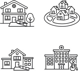Fototapeta premium Senior Housing Icons. Line style icons of housing for seniors assisted living home, retirement village, nursing facility icon.