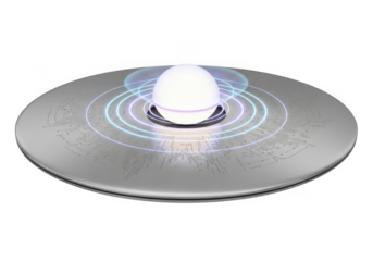 Futuristic flying saucer with glowing orb isolated on transparent background for sci-fi and technology concepts
