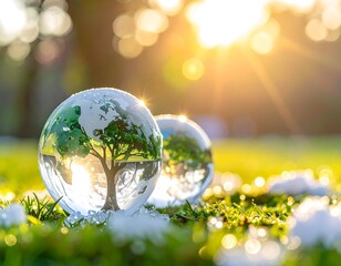 Two glass spheres with trees inside on sunny green grass
