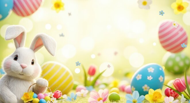 A white rabbit with a basket of colorful eggs and flowers on a grassy field with Easter eggs in the background.